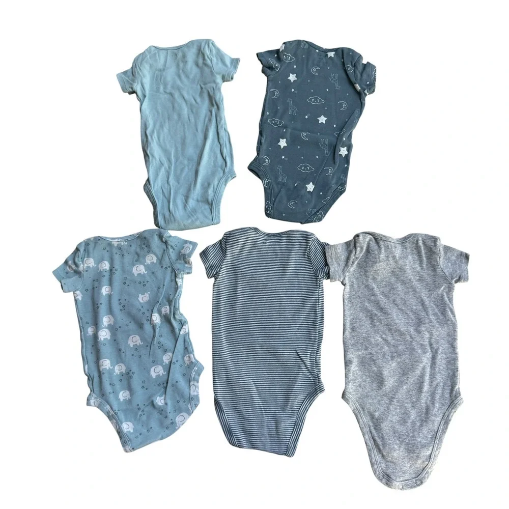 Carter's Bodysuits Baby 6M Blue Grey Short Sleeve 5-Pack Bundle